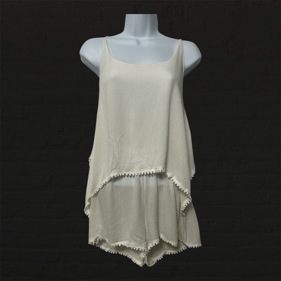 Anthropologie Pants - Sage The Label Lagoon White Layered Pom Pom Trim Flowy Romper Size Small